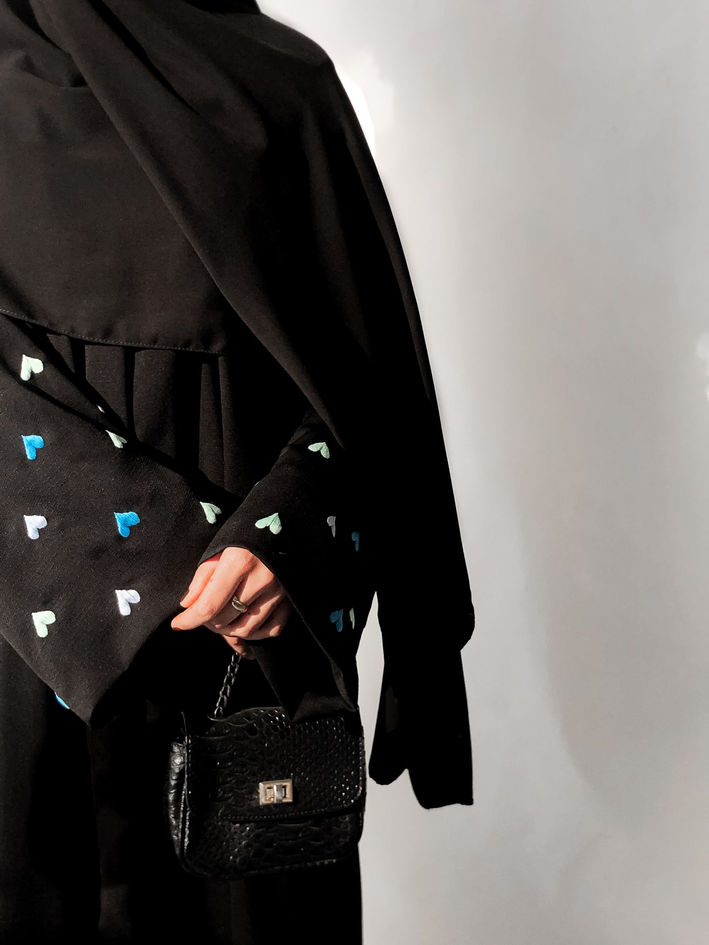 Black - Blue Heart Embroidered Abaya