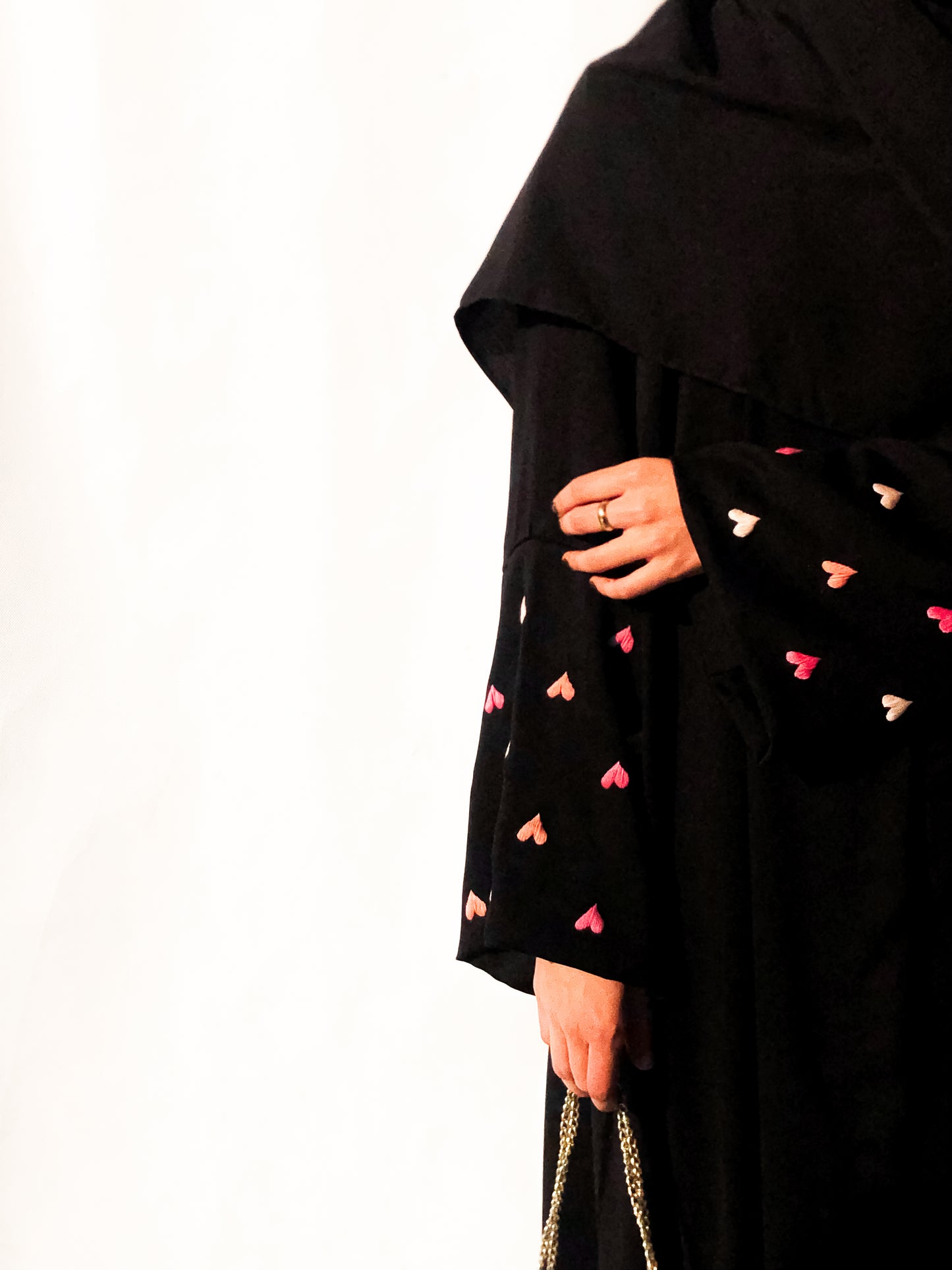 Black - Pink Heart Embroidered Abaya