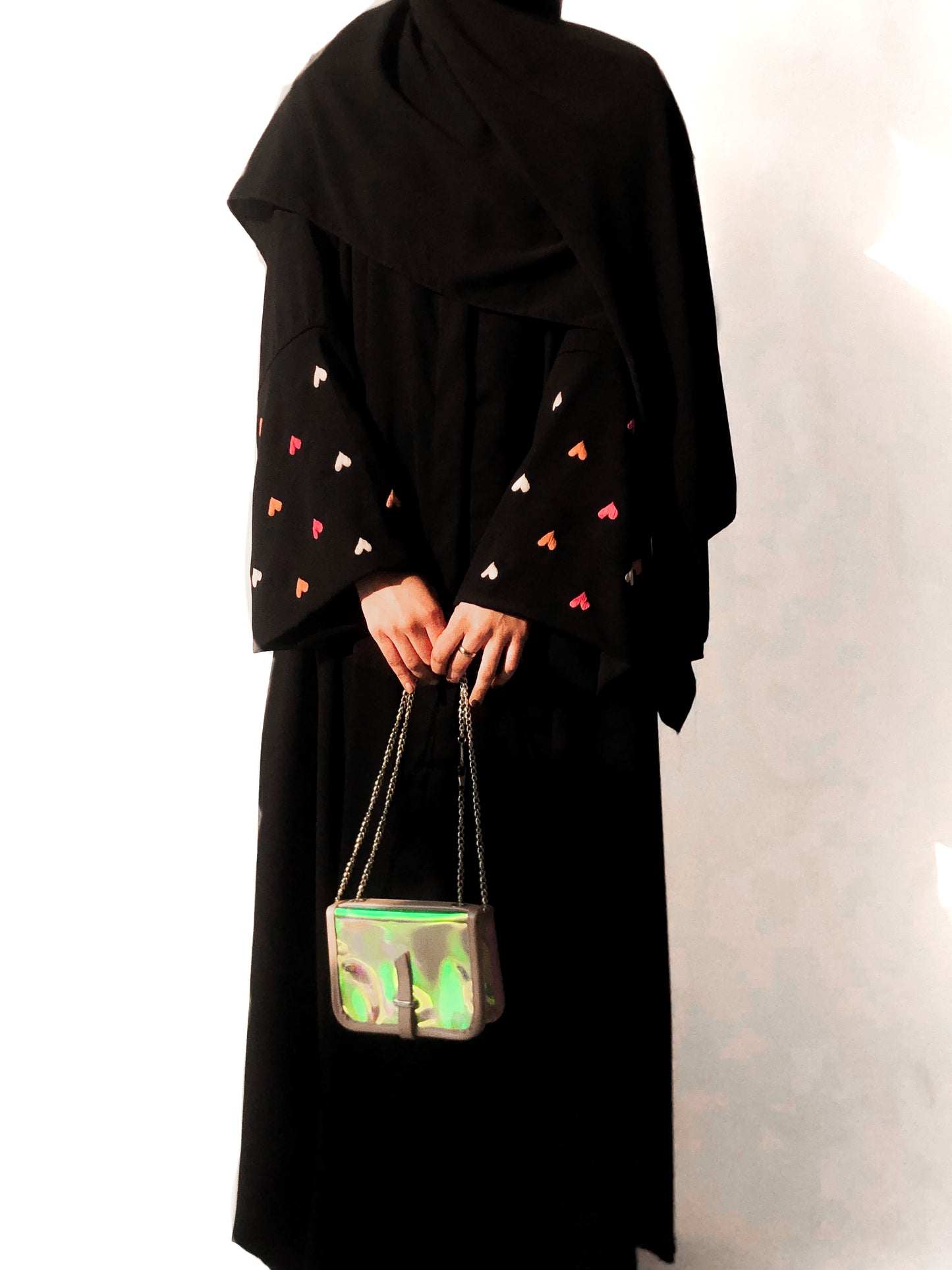 Black - Pink Heart Embroidered Abaya