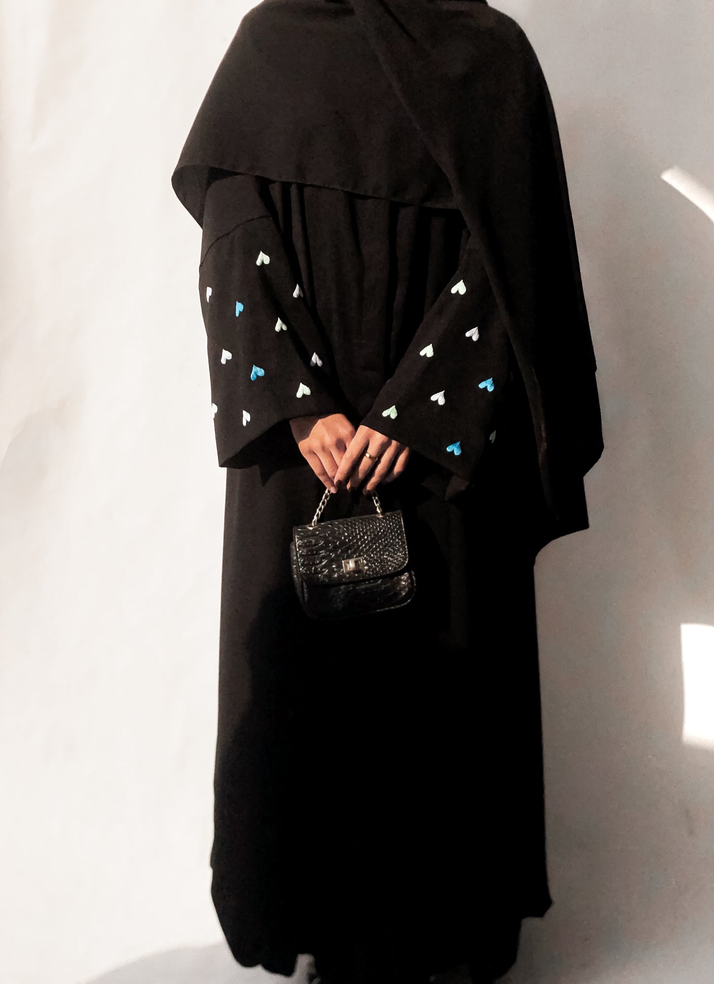Black - Blue Heart Embroidered Abaya