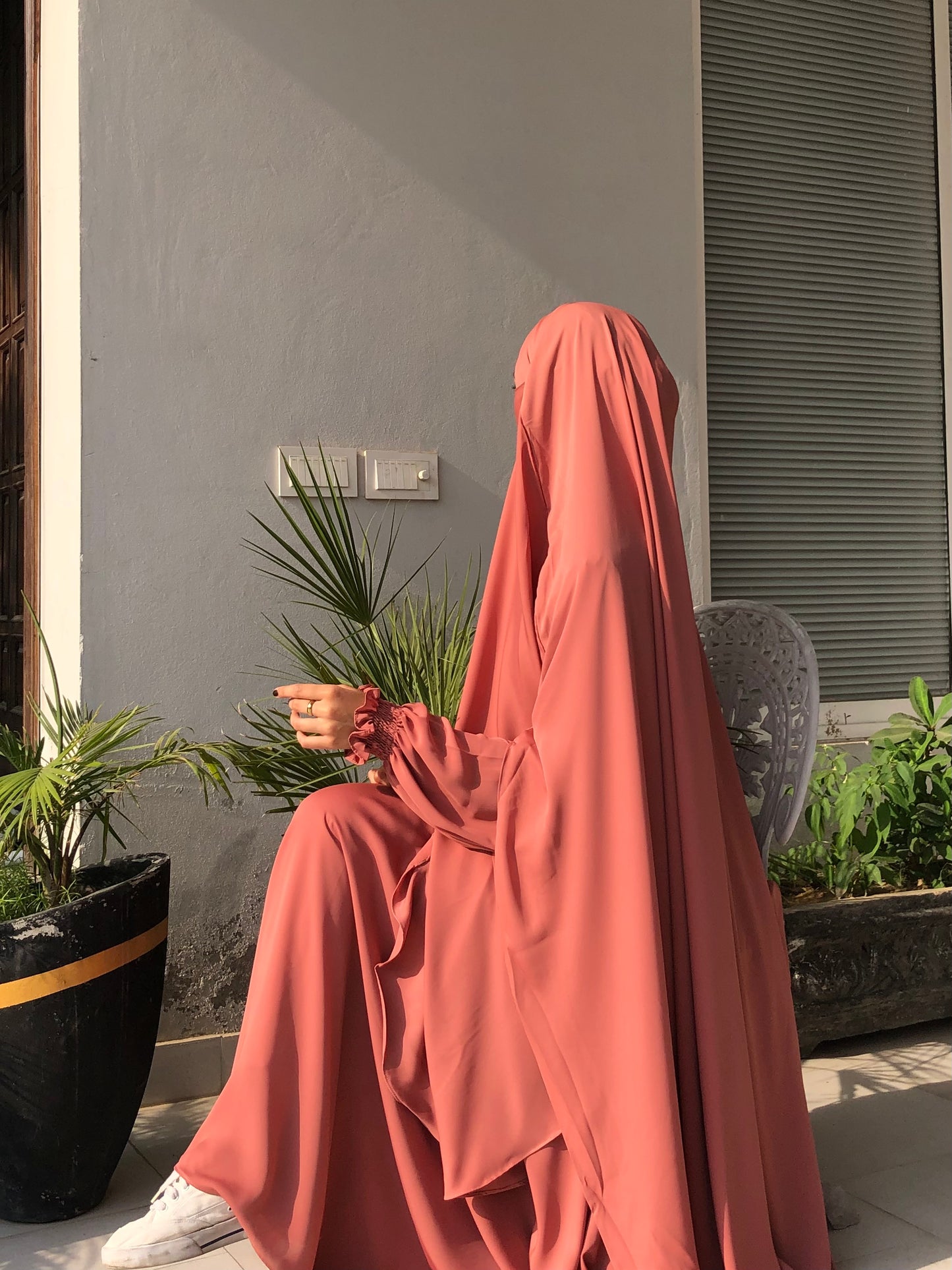 Peachy Pink Khimar And Abaya Set