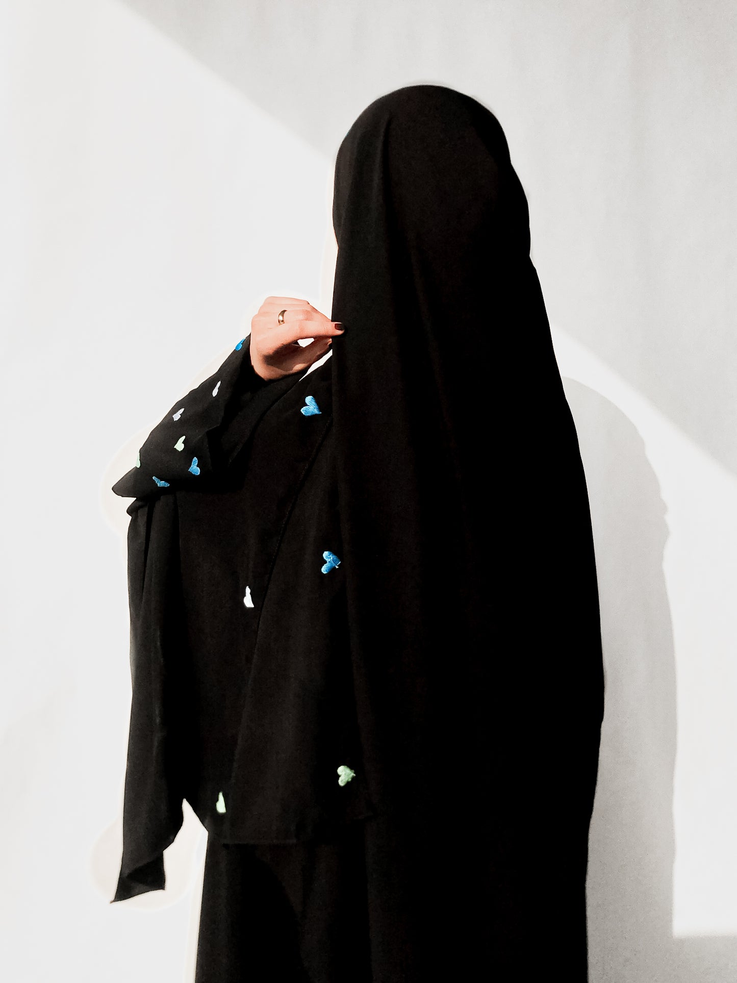 Black - Blue Heart Embroidered Abaya