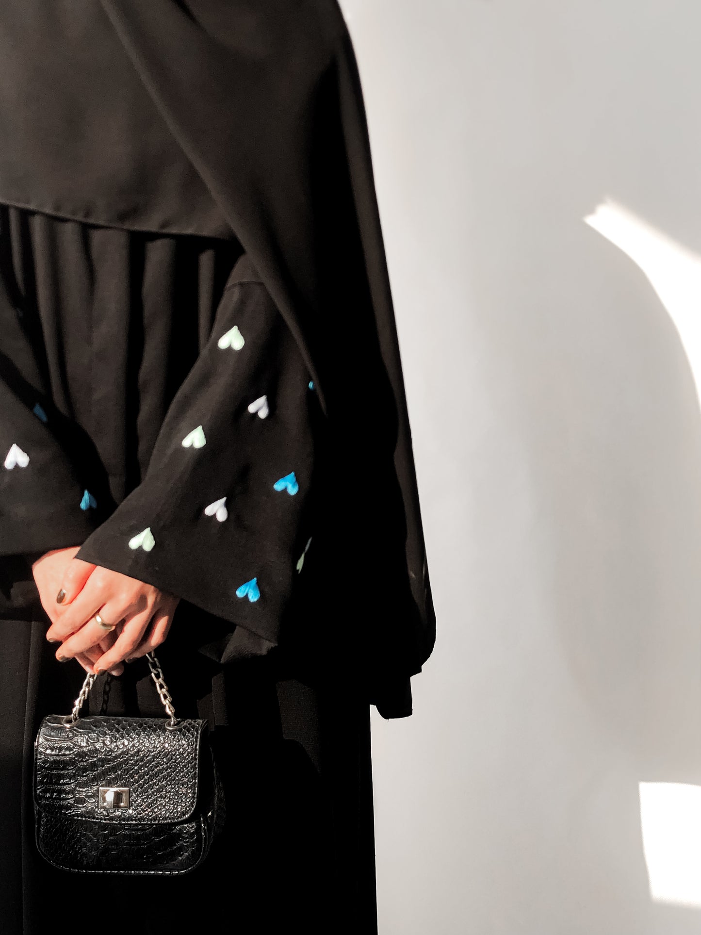 Black - Blue Heart Embroidered Abaya