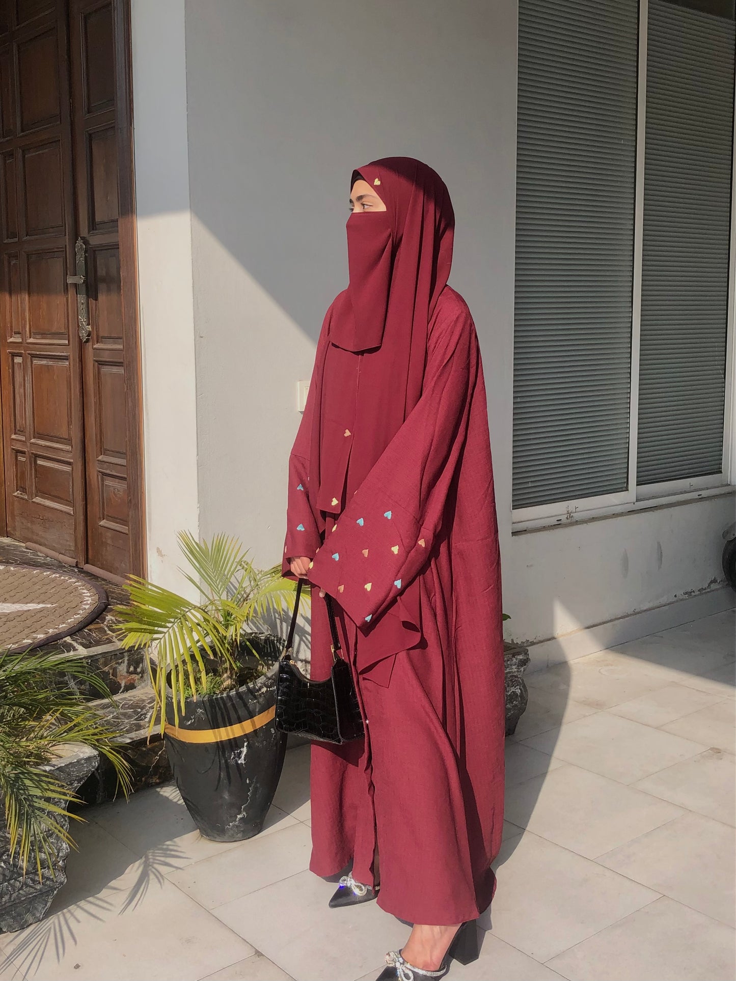 Maroon Heart Embroidered Abaya Set