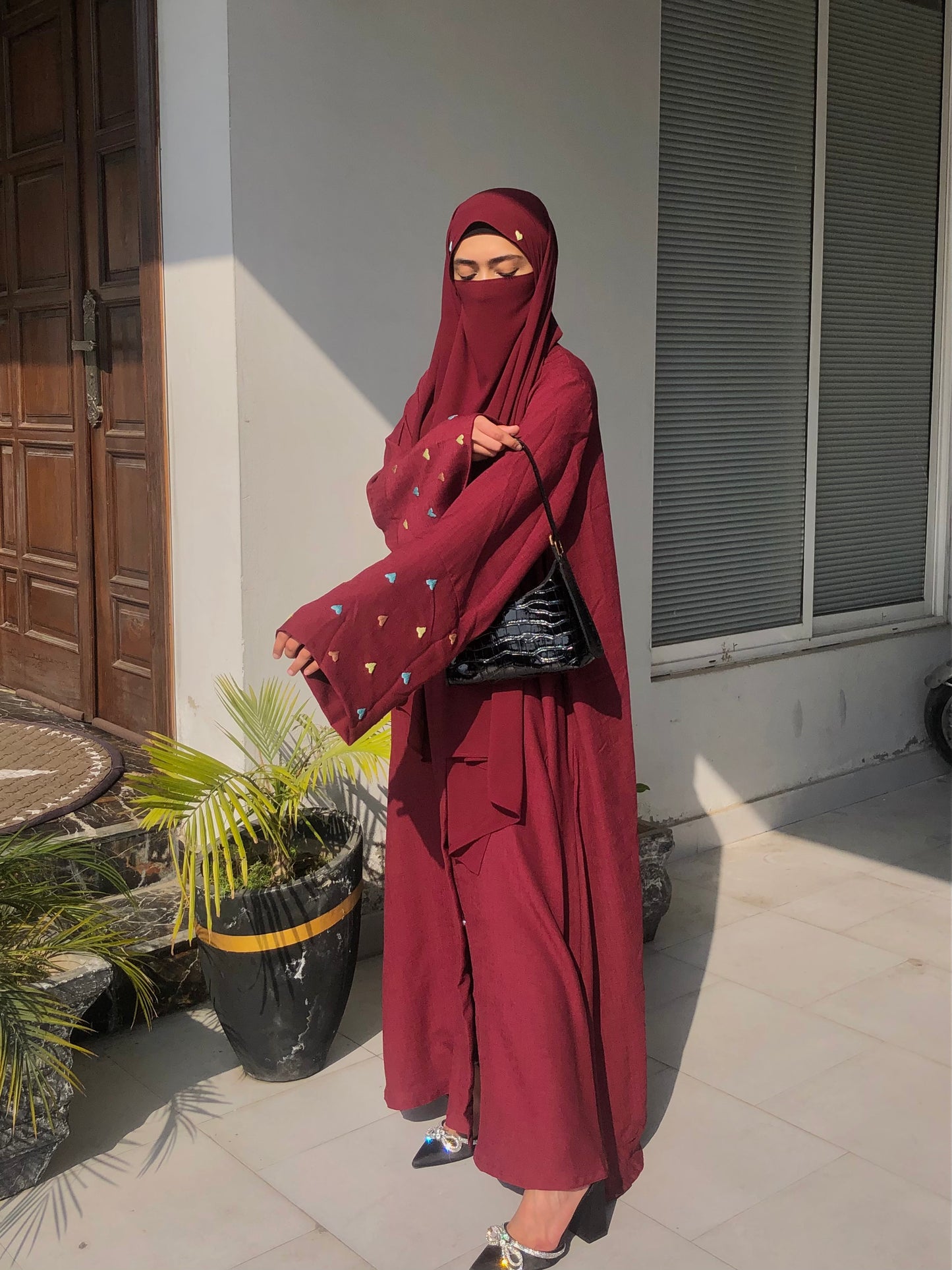 Maroon Heart Embroidered Abaya Set