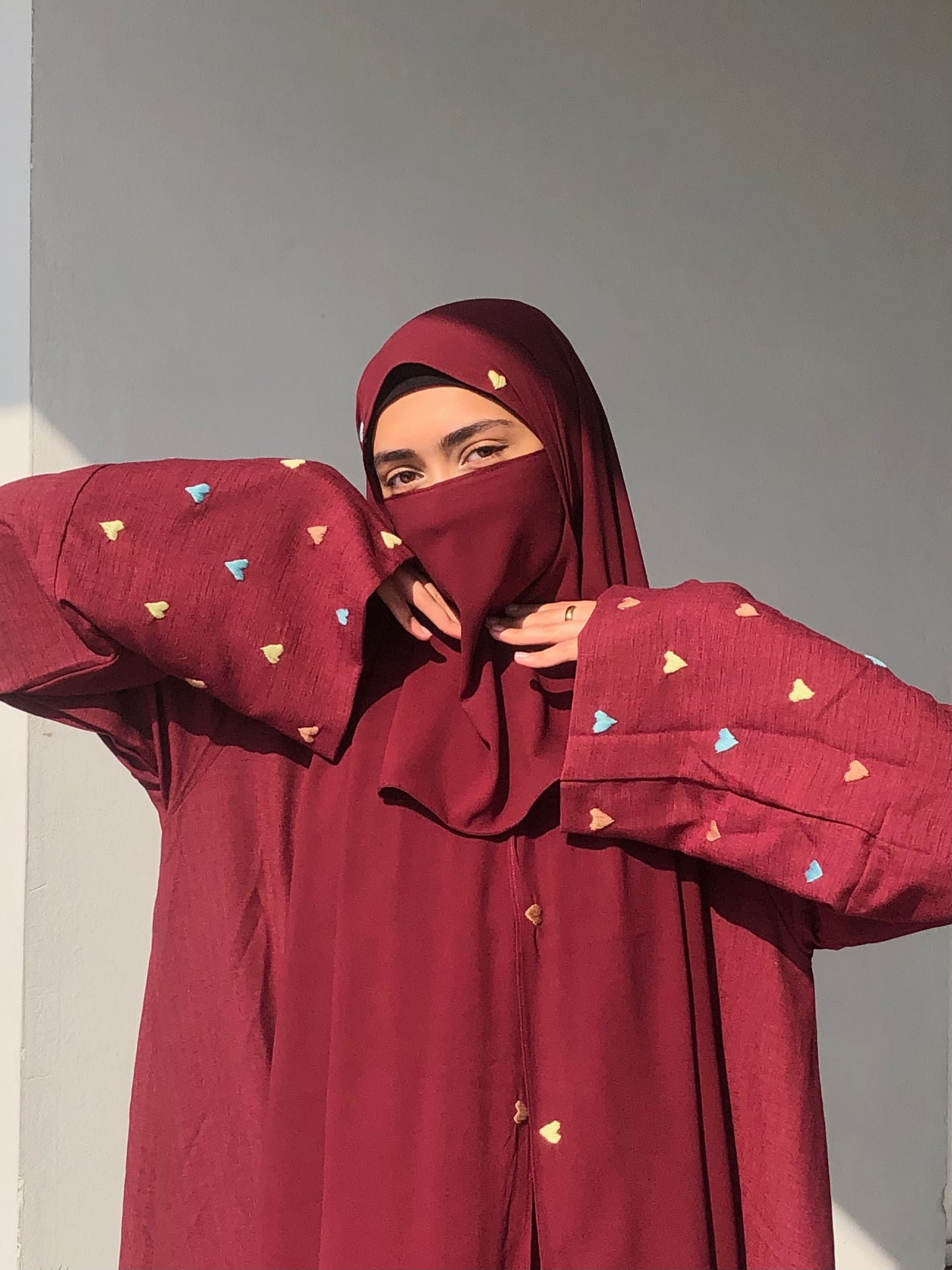 Maroon Heart Embroidered Abaya Set