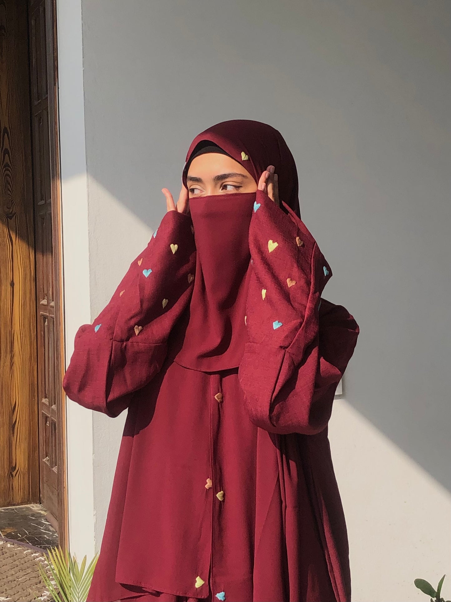 Maroon Heart Embroidered Abaya Set