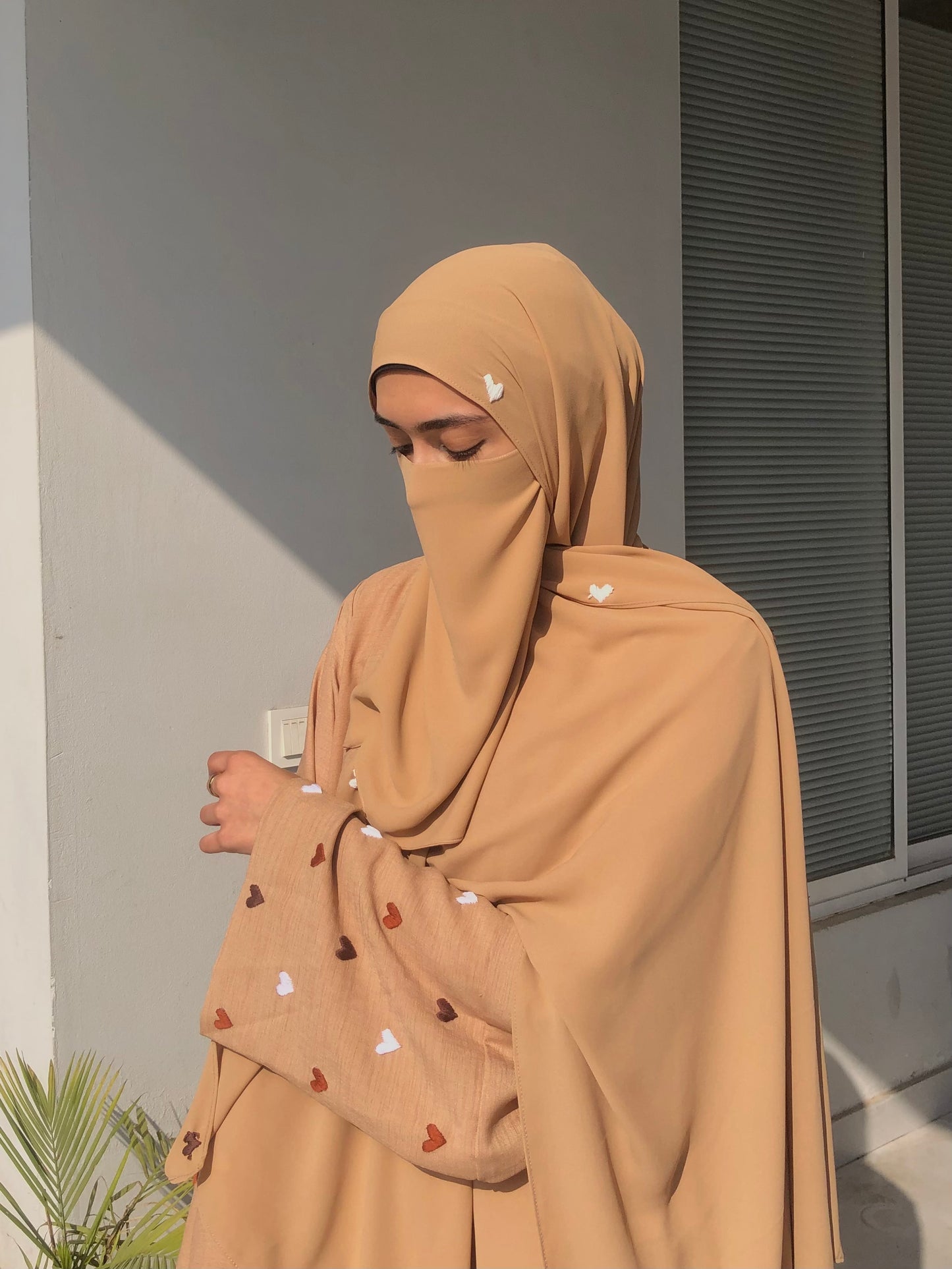 Caramel Beige Heart Embroidered Abaya Set