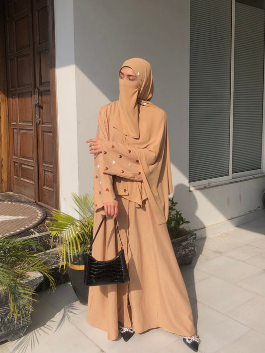 Caramel Beige Heart Embroidered Abaya Set