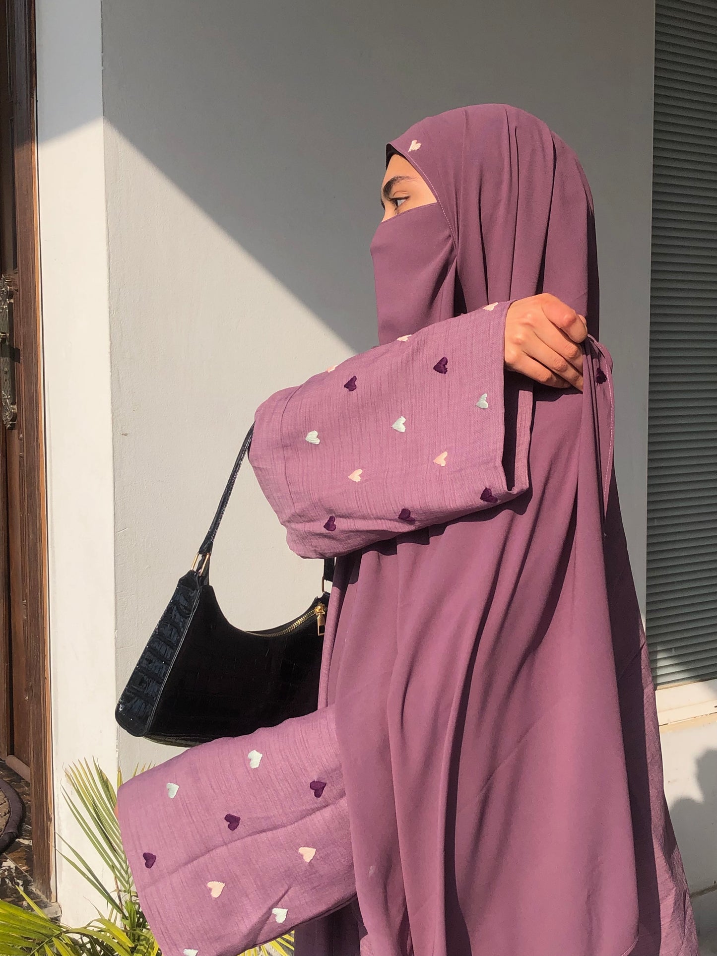 Mauve Purple Heart Embroidered Abaya Set