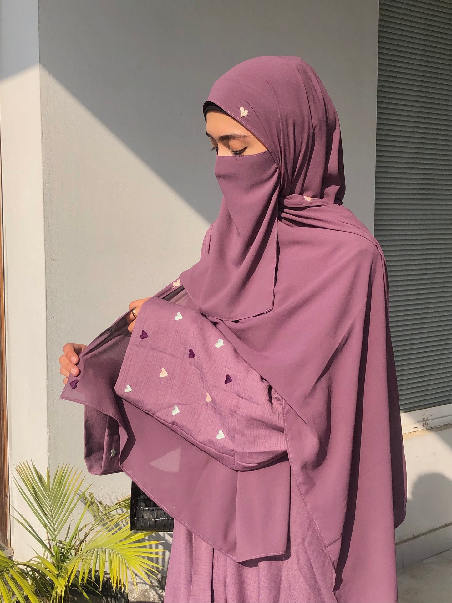 Mauve Purple Heart Embroidered Abaya Set