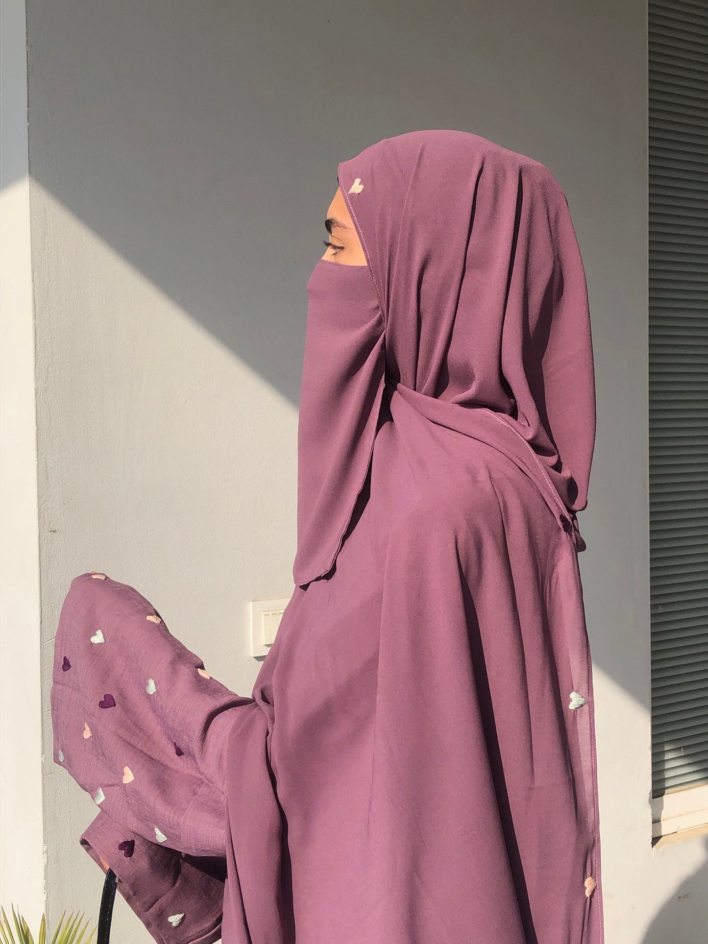 Mauve Purple Heart Embroidered Abaya Set