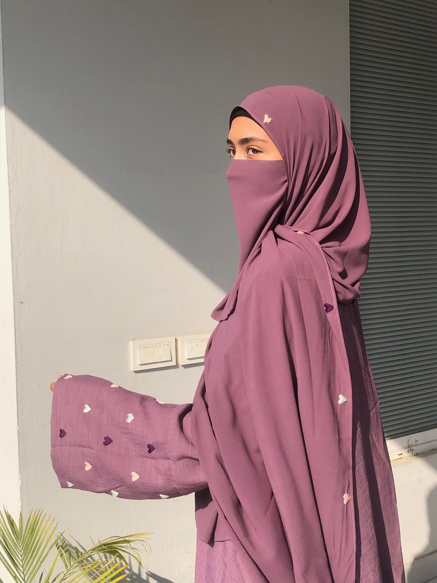 Mauve Purple Heart Embroidered Abaya Set