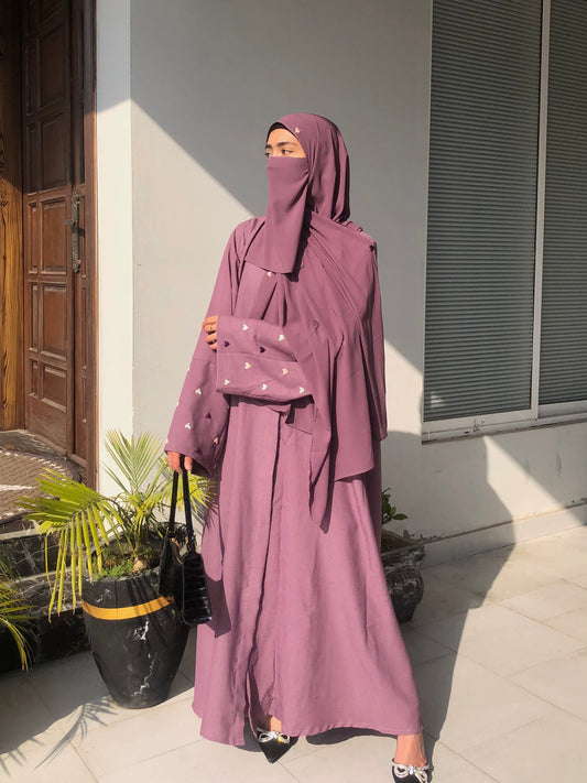 Mauve Purple Heart Embroidered Abaya Set