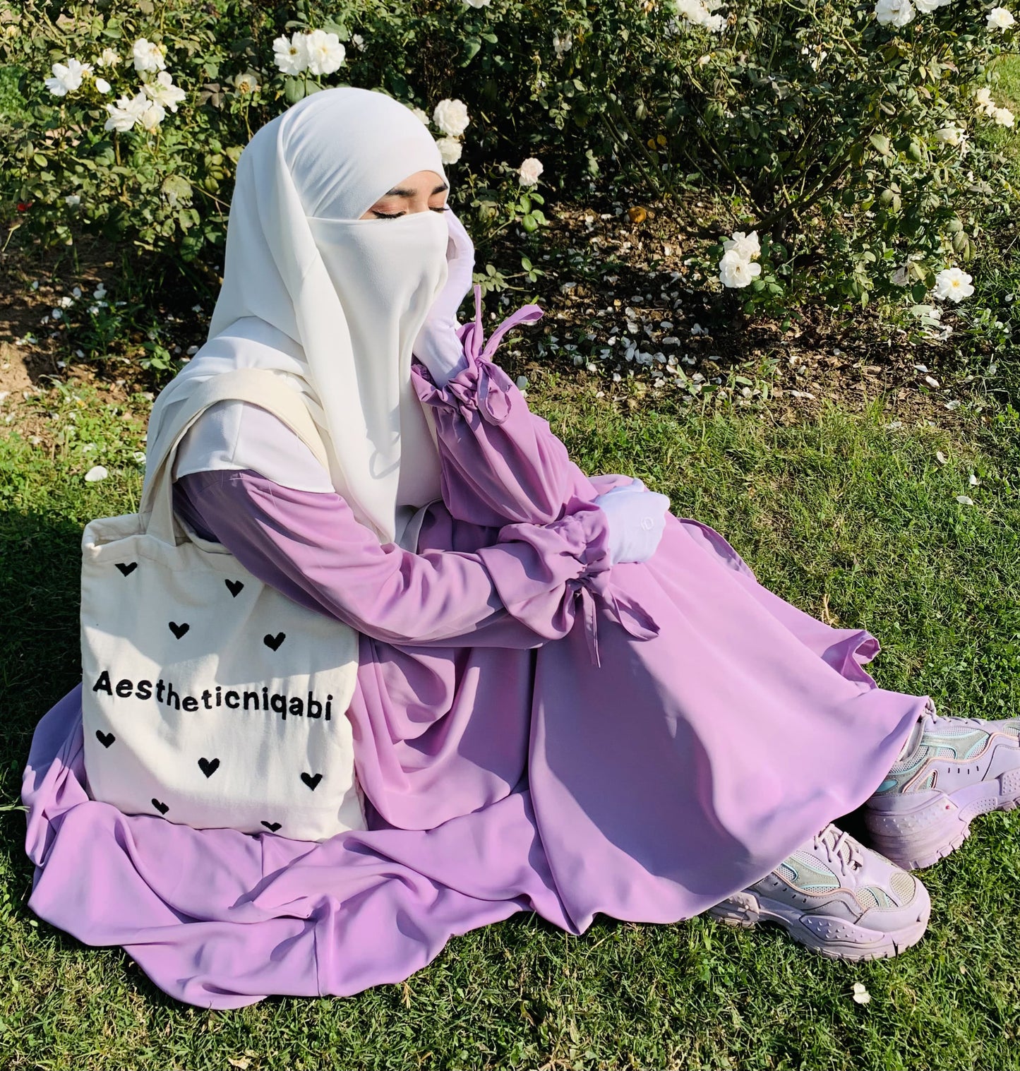 Lilac Daily wear Abaya with Pearl White Double Layer Long Khimar