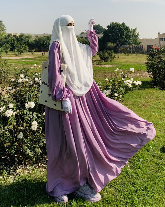 Lilac Daily wear Abaya with Pearl White Double Layer Long Khimar