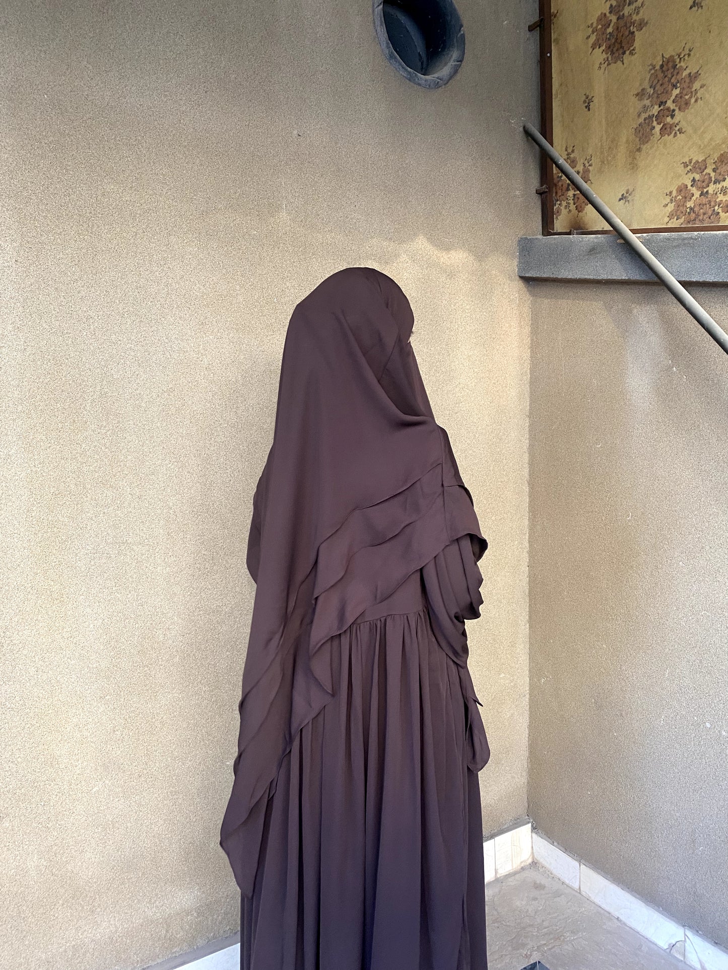 Chocco Brown Abaya And Triple Layer Long Khimar