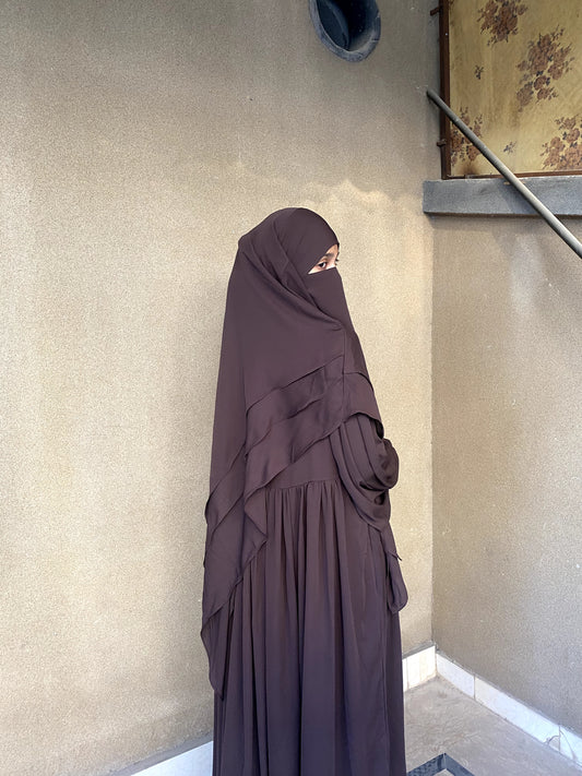 Chocco Brown Abaya And Triple Layer Long Khimar