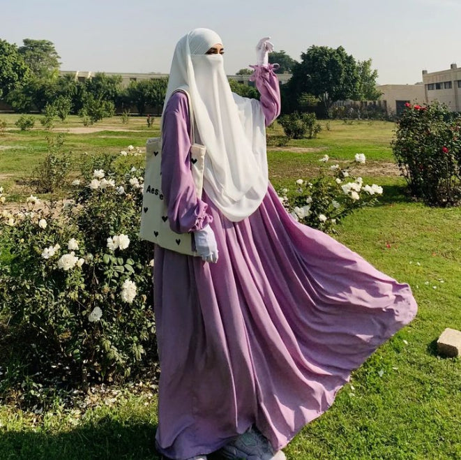 Lilac Daily wear Abaya with Pearl White Double Layer Long Khimar