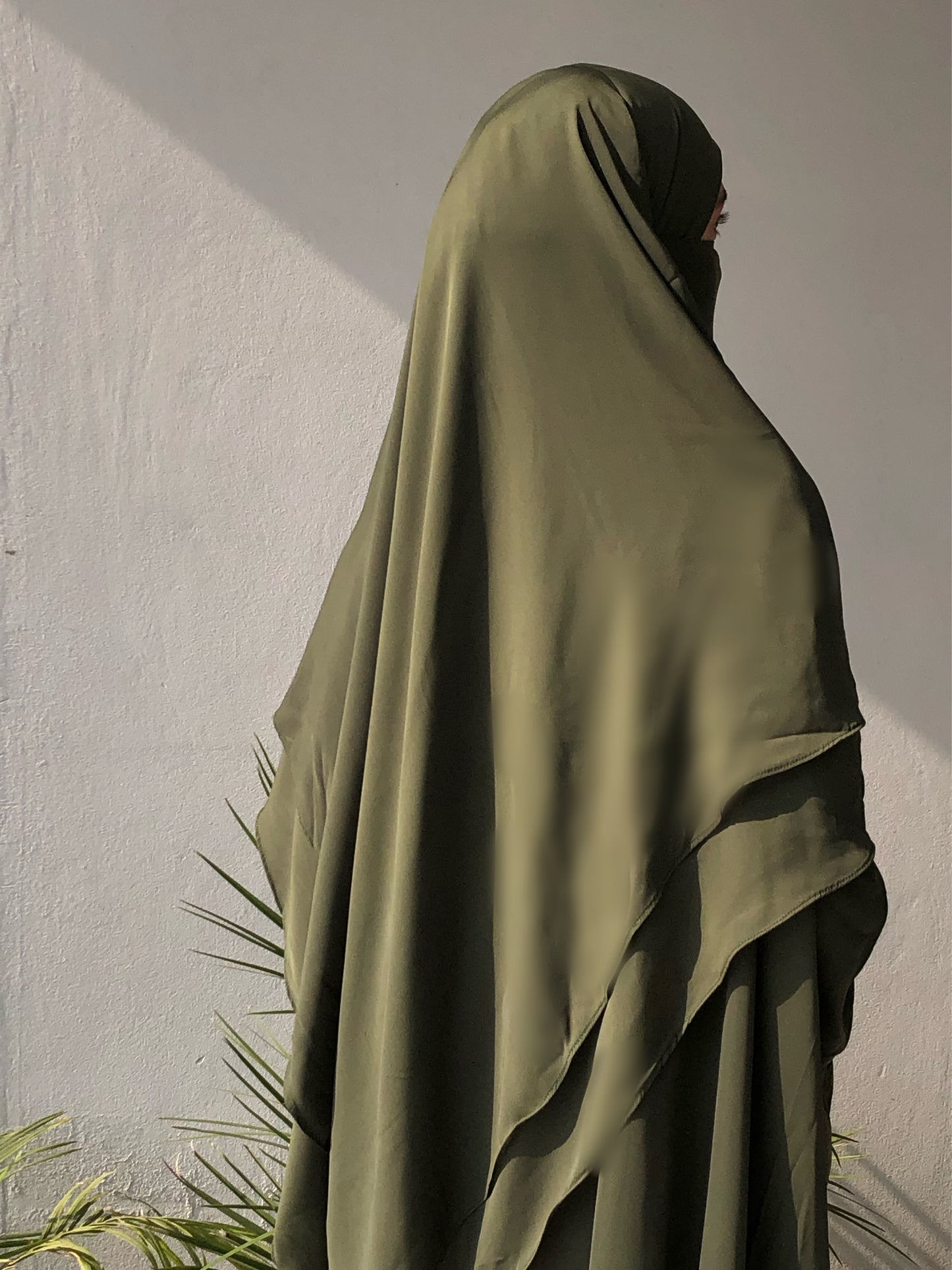 Olive Green Abaya And Double Layer Long Khimar