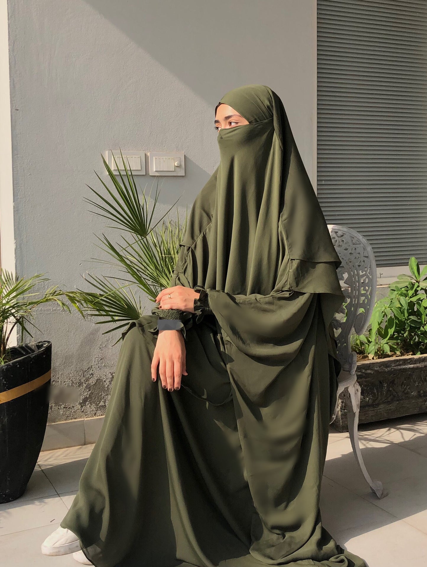 Olive Green Abaya And Double Layer Long Khimar