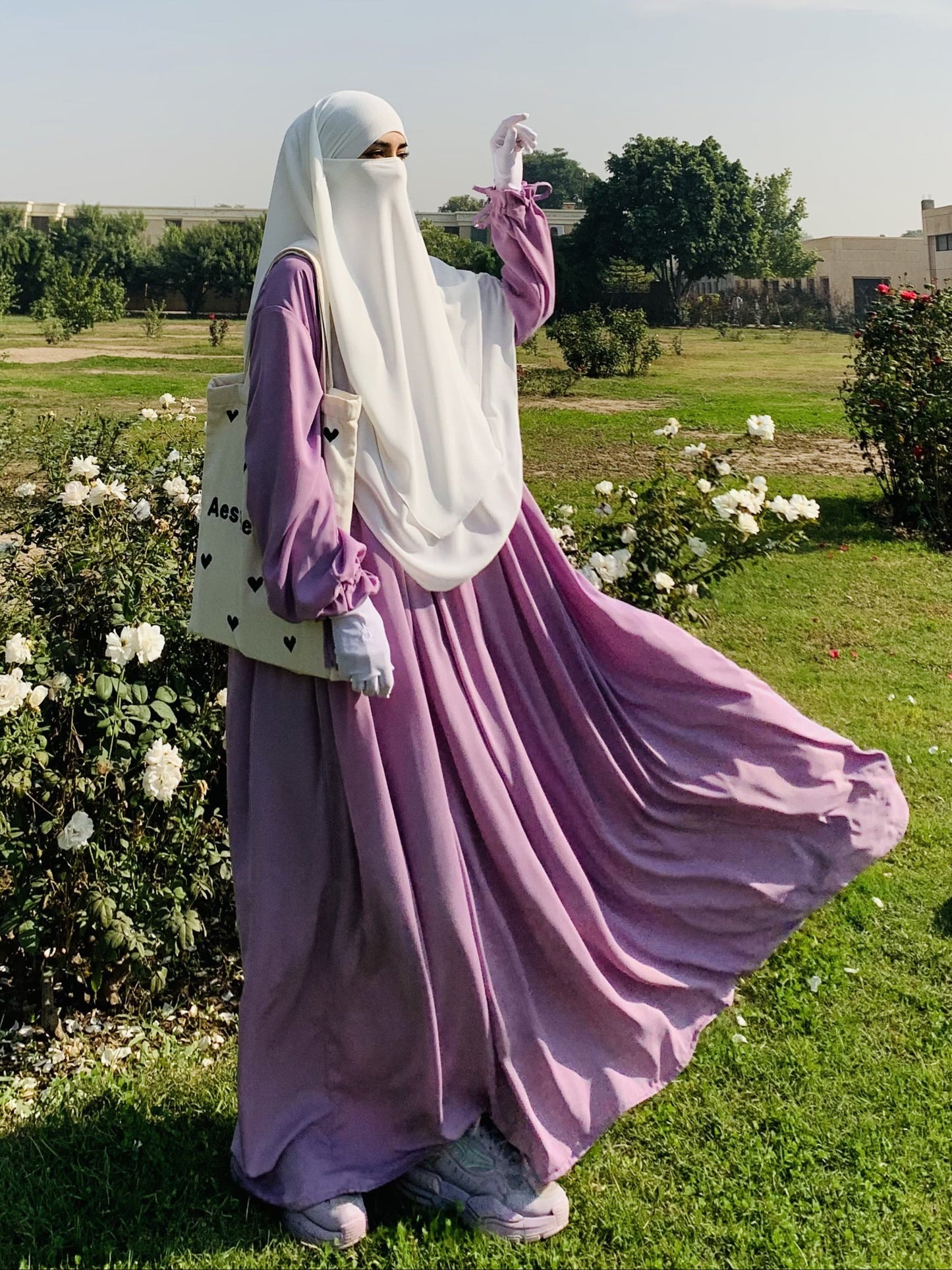 Lilac Daily wear Abaya with Pearl White Double Layer Long Khimar