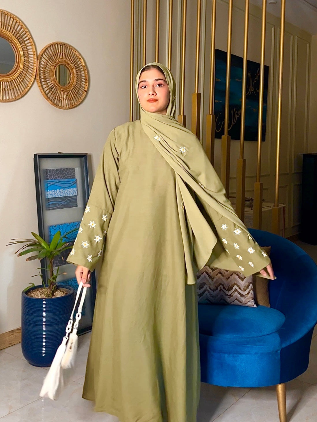 OLIVE GREEN - DAISY EMBROIDERED ABAYA SET