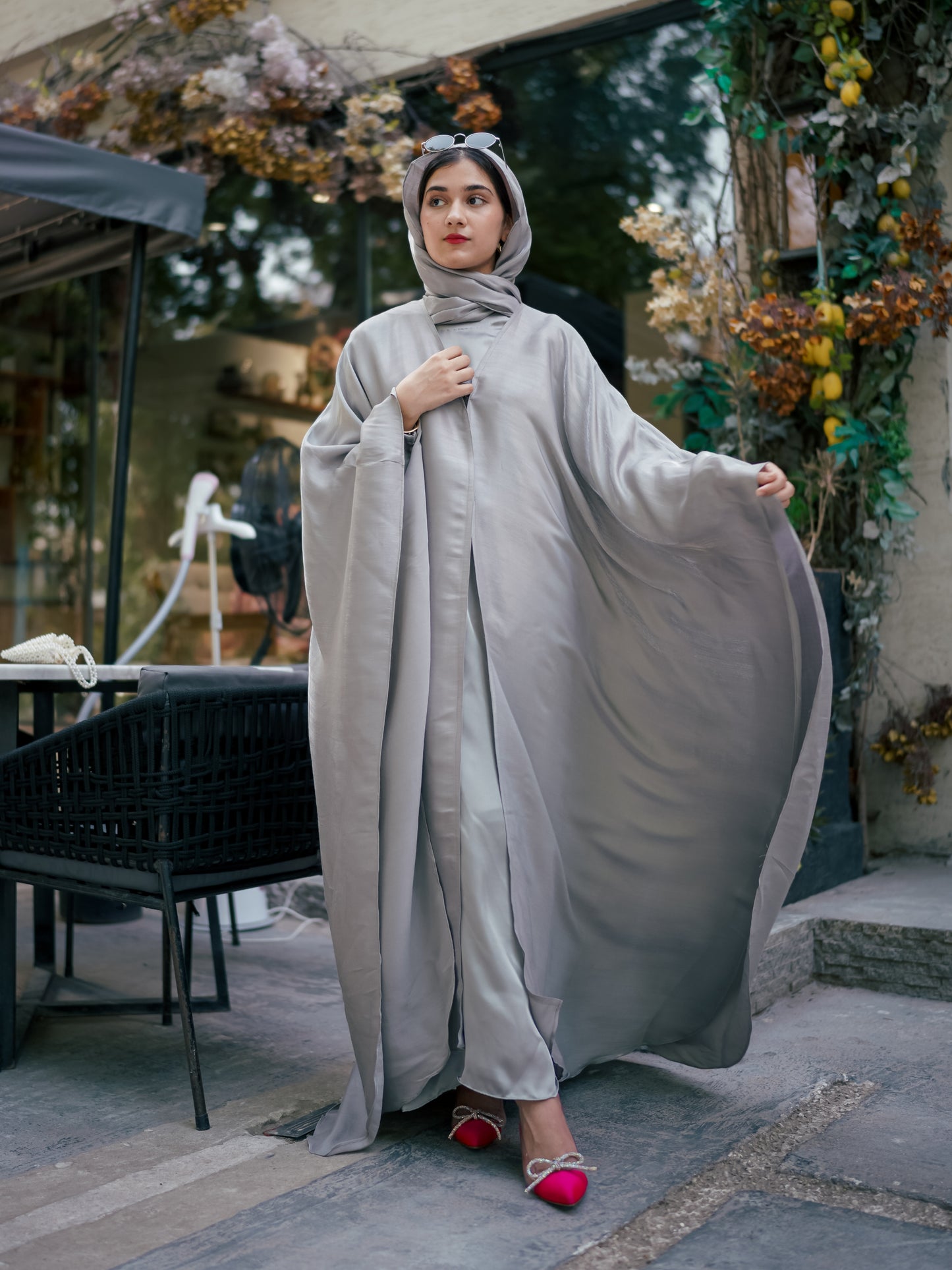 SILVER GREY - HOOR LUXURY SILK ABAYA SET