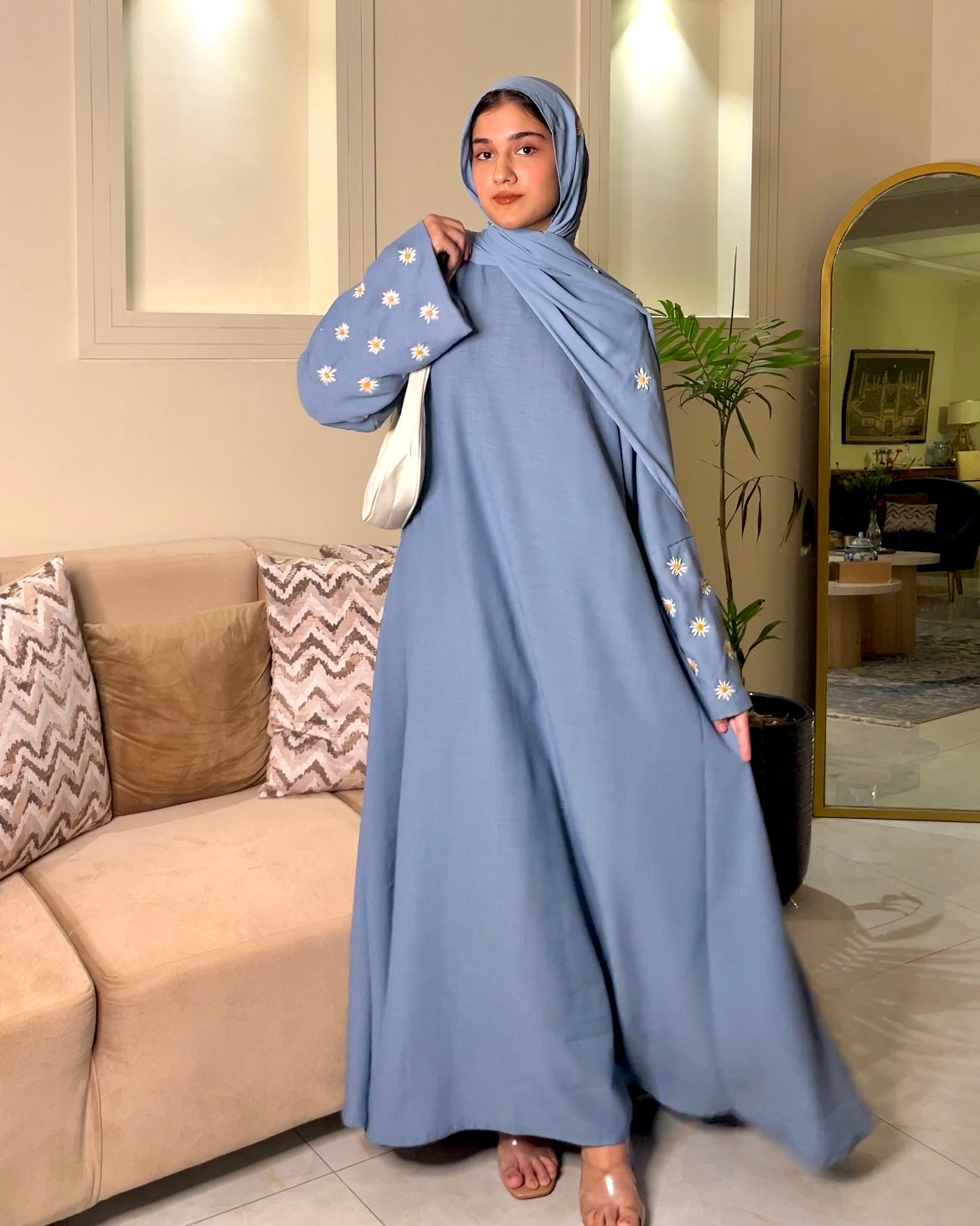 DENIM BLUE - DAISY EMBROIDERED ABAYA SET