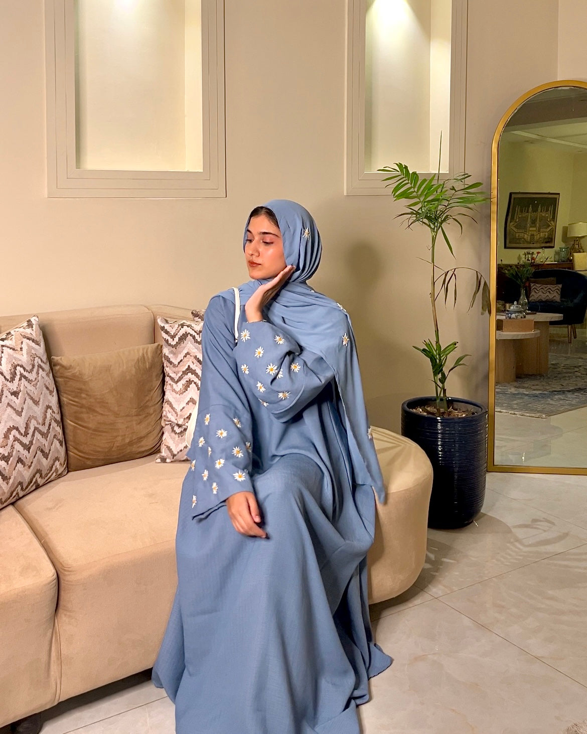 DENIM BLUE - DAISY EMBROIDERED ABAYA SET