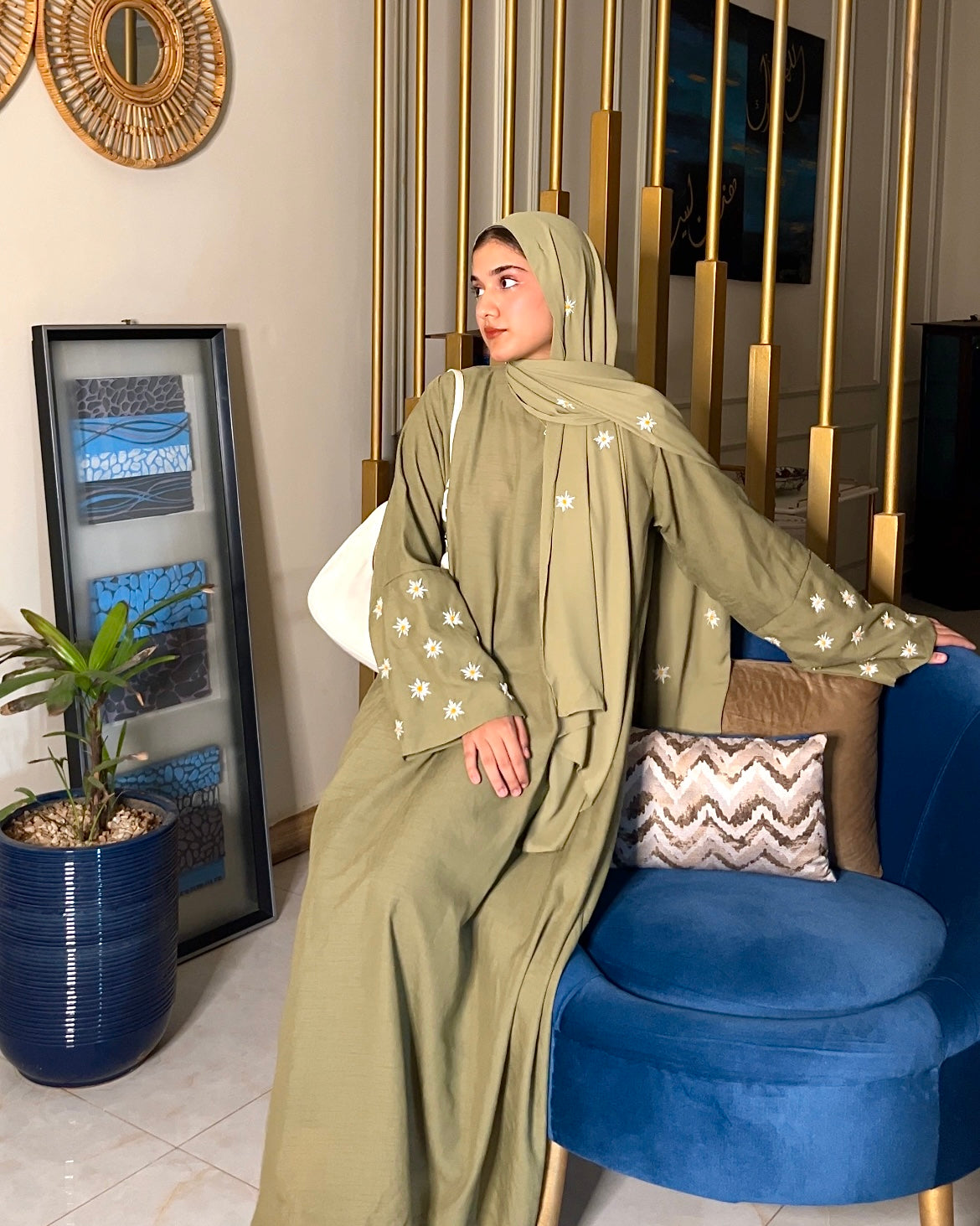 OLIVE GREEN - DAISY EMBROIDERED ABAYA SET