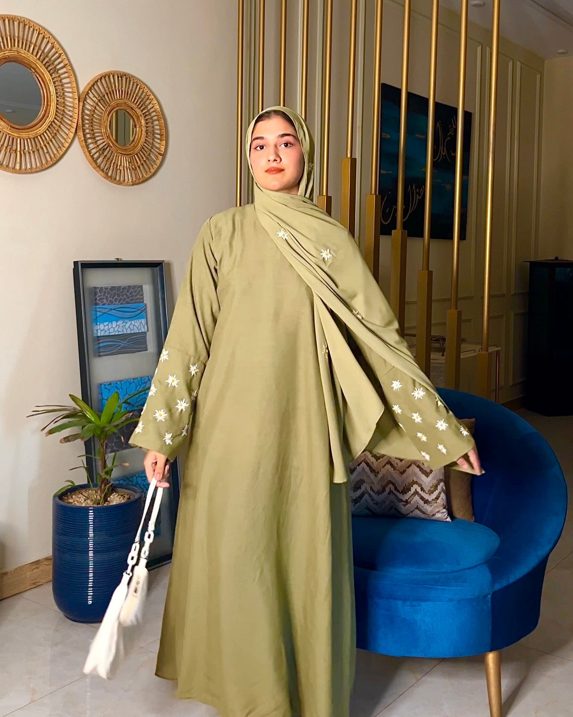 OLIVE GREEN - DAISY EMBROIDERED ABAYA SET