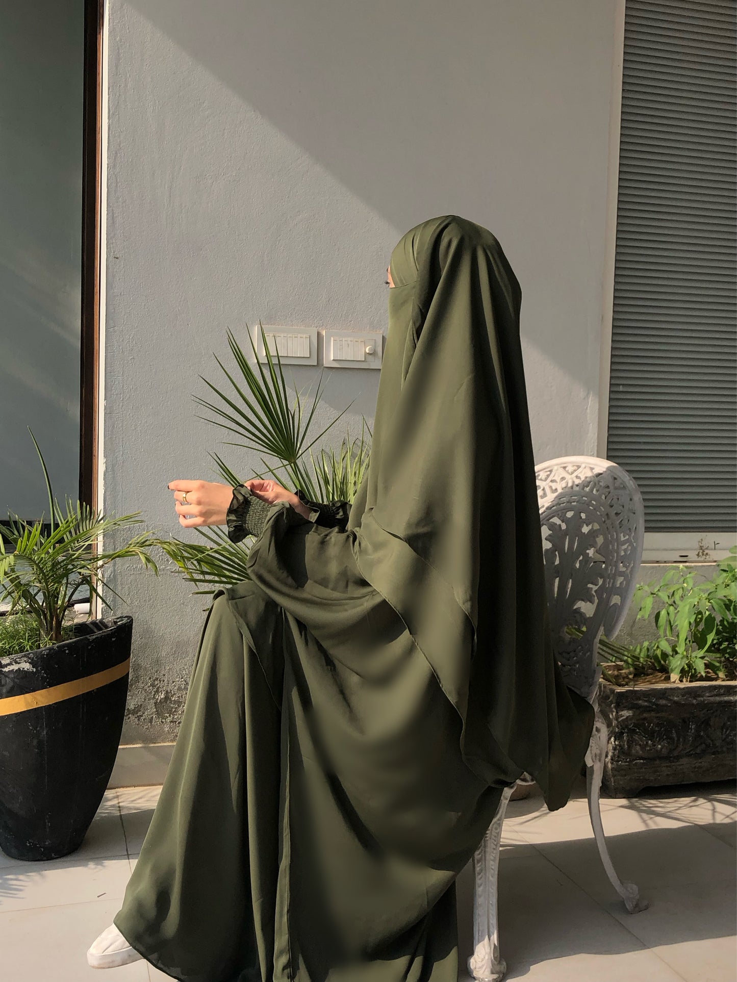 Olive Green Abaya And Double Layer Long Khimar