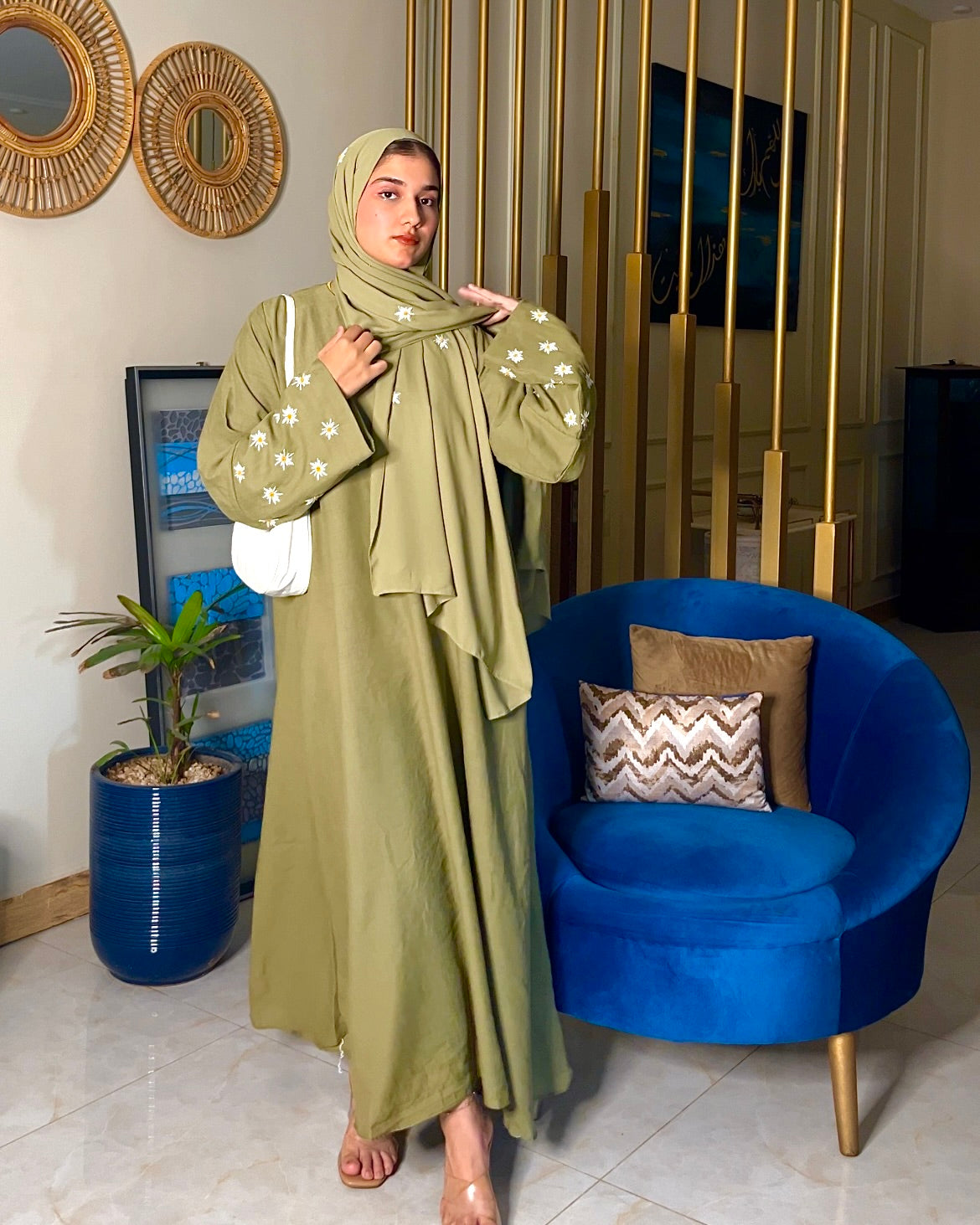 OLIVE GREEN - DAISY EMBROIDERED ABAYA SET