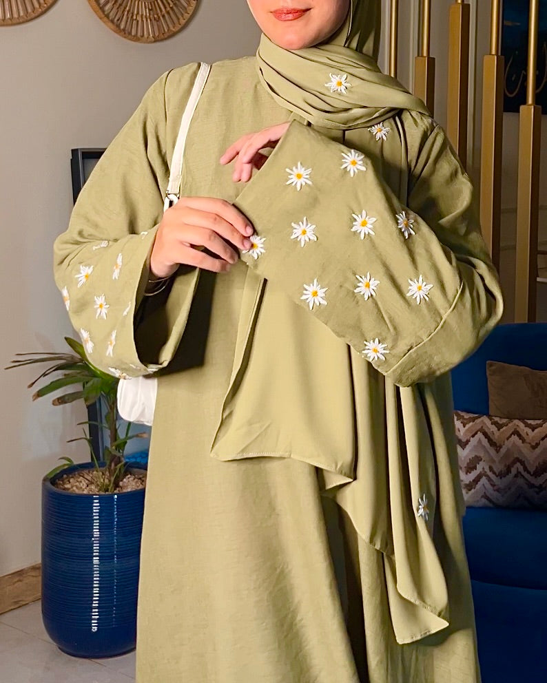 OLIVE GREEN - DAISY EMBROIDERED ABAYA SET