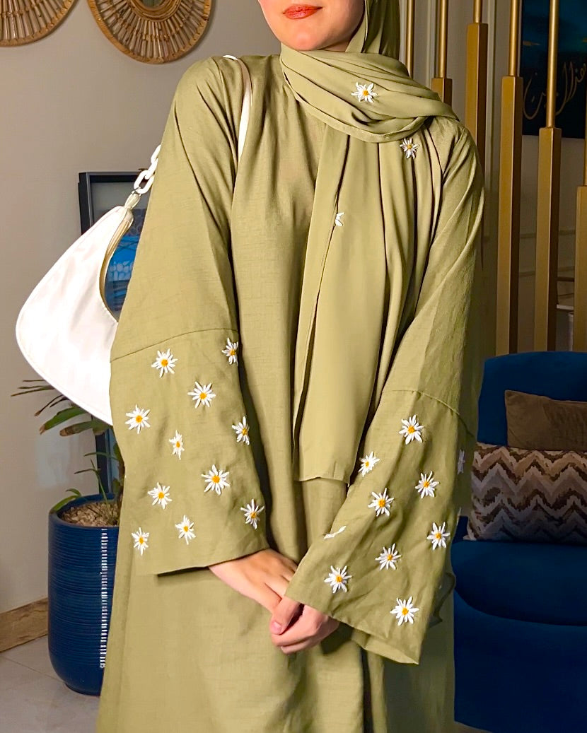 OLIVE GREEN - DAISY EMBROIDERED ABAYA SET