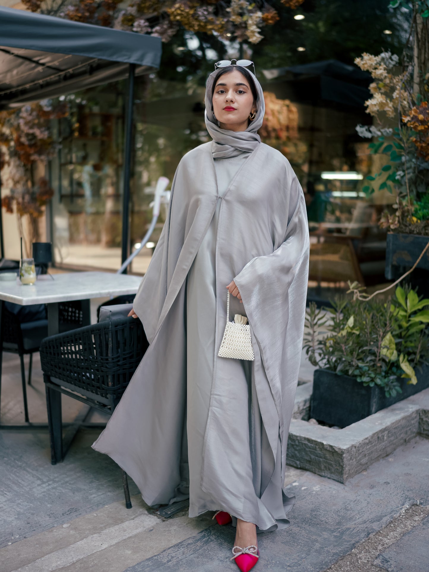 SILVER GREY - HOOR LUXURY SILK ABAYA SET